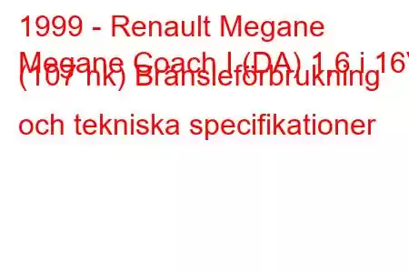 1999 - Renault Megane
Megane Coach I (DA) 1,6 i 16V (107 hk) Bränsleförbrukning och tekniska specifikationer