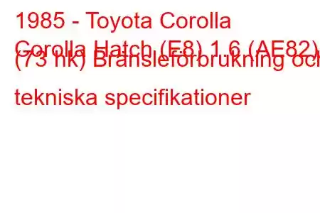 1985 - Toyota Corolla
Corolla Hatch (E8) 1.6 (AE82) (73 hk) Bränsleförbrukning och tekniska specifikationer