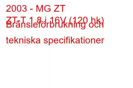 2003 - MG ZT
ZT-T 1.8 i 16V (120 hk) Bränsleförbrukning och tekniska specifikationer