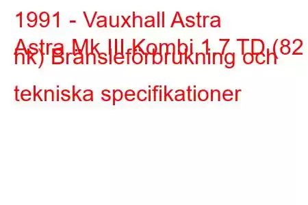 1991 - Vauxhall Astra
Astra Mk III Kombi 1.7 TD (82 hk) Bränsleförbrukning och tekniska specifikationer