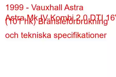 1999 - Vauxhall Astra
Astra Mk IV Kombi 2.0 DTI 16V (101 hk) Bränsleförbrukning och tekniska specifikationer