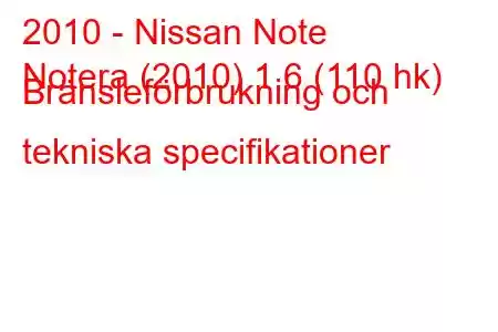 2010 - Nissan Note
Notera (2010) 1.6 (110 hk) Bränsleförbrukning och tekniska specifikationer