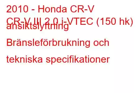 2010 - Honda CR-V
CR-V III 2.0 i-VTEC (150 hk) ansiktslyftning Bränsleförbrukning och tekniska specifikationer