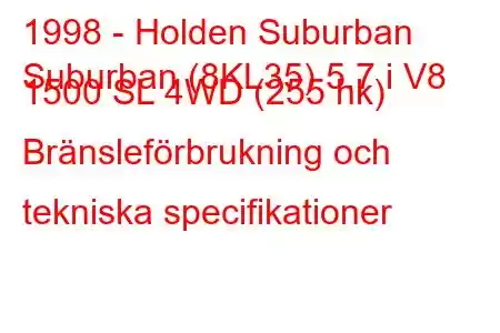 1998 - Holden Suburban
Suburban (8KL35) 5.7 i V8 1500 SL 4WD (255 hk) Bränsleförbrukning och tekniska specifikationer