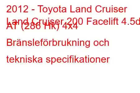 2012 - Toyota Land Cruiser
Land Cruiser 200 Facelift 4.5d AT (286 Hk) 4x4 Bränsleförbrukning och tekniska specifikationer