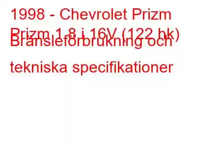 1998 - Chevrolet Prizm
Prizm 1.8 i 16V (122 hk) Bränsleförbrukning och tekniska specifikationer