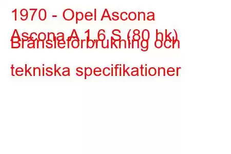 1970 - Opel Ascona
Ascona A 1,6 S (80 hk) Bränsleförbrukning och tekniska specifikationer