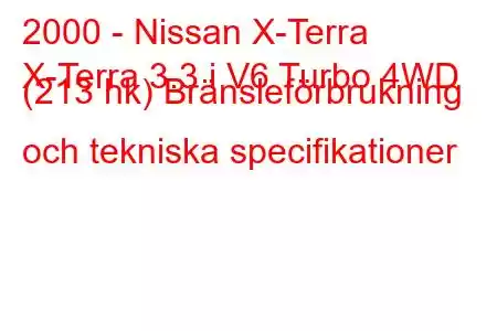 2000 - Nissan X-Terra
X-Terra 3.3 i V6 Turbo 4WD (213 hk) Bränsleförbrukning och tekniska specifikationer