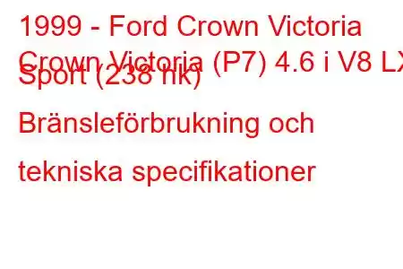 1999 - Ford Crown Victoria
Crown Victoria (P7) 4.6 i V8 LX Sport (238 hk) Bränsleförbrukning och tekniska specifikationer