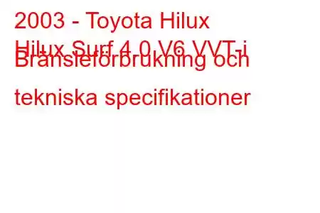 2003 - Toyota Hilux
Hilux Surf 4.0 V6 VVT-i Bränsleförbrukning och tekniska specifikationer