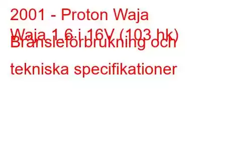 2001 - Proton Waja
Waja 1.6 i 16V (103 hk) Bränsleförbrukning och tekniska specifikationer