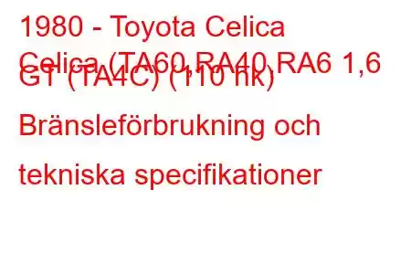 1980 - Toyota Celica
Celica (TA60,RA40,RA6 1,6 GT (TA4C) (110 hk) Bränsleförbrukning och tekniska specifikationer