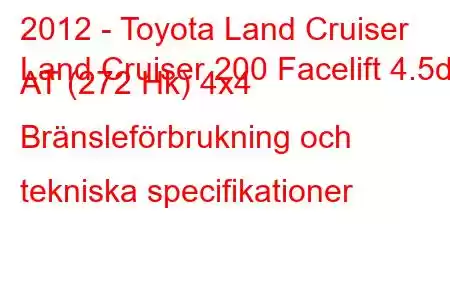 2012 - Toyota Land Cruiser
Land Cruiser 200 Facelift 4.5d AT (272 Hk) 4x4 Bränsleförbrukning och tekniska specifikationer