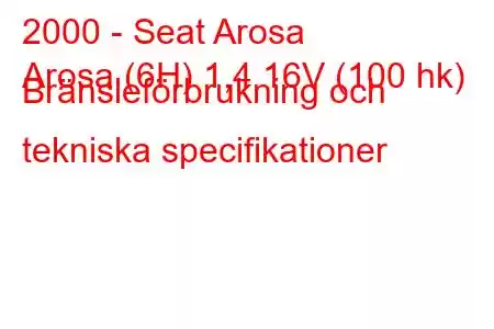 2000 - Seat Arosa
Arosa (6H) 1,4 16V (100 hk) Bränsleförbrukning och tekniska specifikationer