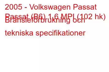 2005 - Volkswagen Passat
Passat (B6) 1,6 MPI (102 hk) Bränsleförbrukning och tekniska specifikationer