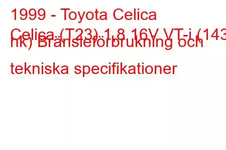 1999 - Toyota Celica
Celica (T23) 1,8 16V VT-i (143 hk) Bränsleförbrukning och tekniska specifikationer