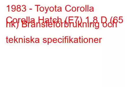 1983 - Toyota Corolla
Corolla Hatch (E7) 1,8 D (65 hk) Bränsleförbrukning och tekniska specifikationer