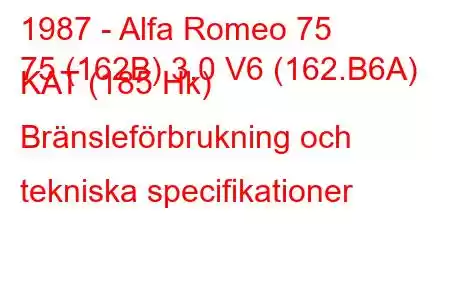 1987 - Alfa Romeo 75
75 (162B) 3.0 V6 (162.B6A) KAT (185 Hk) Bränsleförbrukning och tekniska specifikationer