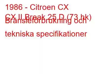 1986 - Citroen CX
CX II Break 25 D (73 hk) Bränsleförbrukning och tekniska specifikationer