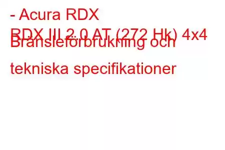 - Acura RDX
RDX III 2.0 AT (272 Hk) 4x4 Bränsleförbrukning och tekniska specifikationer