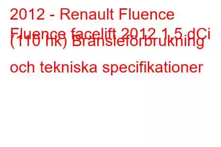 2012 - Renault Fluence
Fluence facelift 2012 1,5 dCi (110 hk) Bränsleförbrukning och tekniska specifikationer