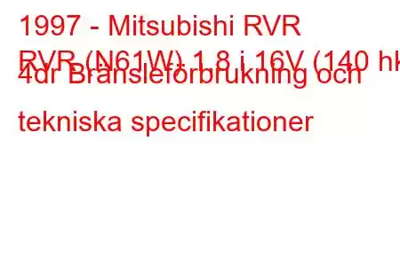 1997 - Mitsubishi RVR
RVR (N61W) 1,8 i 16V (140 hk) 4dr Bränsleförbrukning och tekniska specifikationer