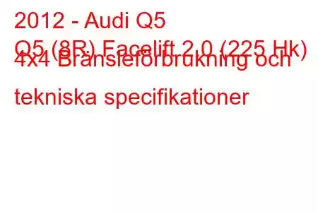 2012 - Audi Q5
Q5 (8R) Facelift 2.0 (225 Hk) 4x4 Bränsleförbrukning och tekniska specifikationer