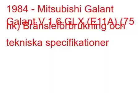 1984 - Mitsubishi Galant
Galant V 1.6 GLX (E11A) (75 hk) Bränsleförbrukning och tekniska specifikationer