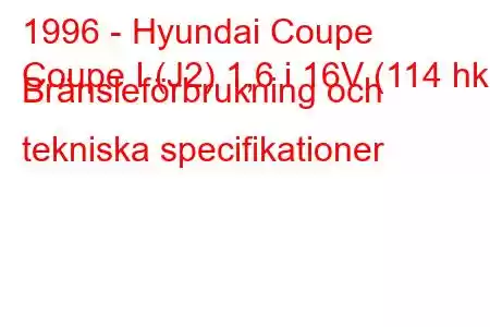 1996 - Hyundai Coupe
Coupe I (J2) 1,6 i 16V (114 hk) Bränsleförbrukning och tekniska specifikationer