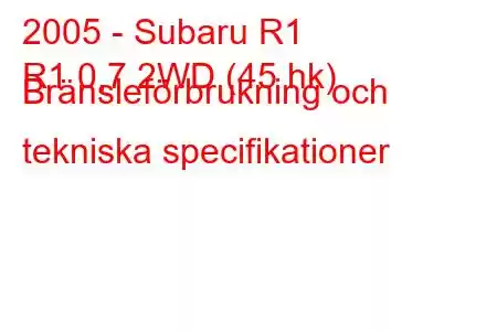 2005 - Subaru R1
R1 0,7 2WD (45 hk) Bränsleförbrukning och tekniska specifikationer