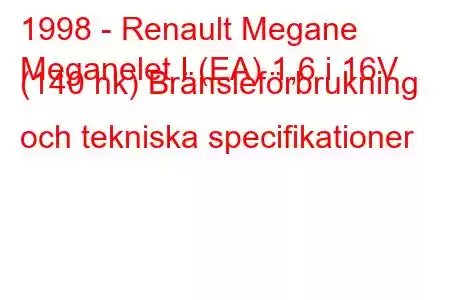 1998 - Renault Megane
Meganelet I (EA) 1,6 i 16V (140 hk) Bränsleförbrukning och tekniska specifikationer