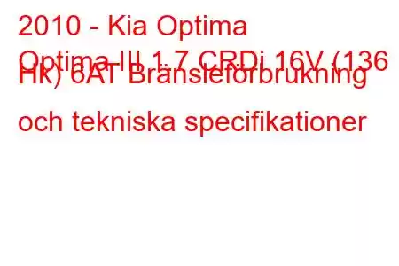 2010 - Kia Optima
Optima III 1.7 CRDi 16V (136 Hk) 6AT Bränsleförbrukning och tekniska specifikationer