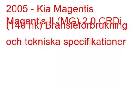 2005 - Kia Magentis
Magentis II (MG) 2.0 CRDi (140 hk) Bränsleförbrukning och tekniska specifikationer