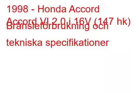 1998 - Honda Accord
Accord VI 2.0 i 16V (147 hk) Bränsleförbrukning och tekniska specifikationer