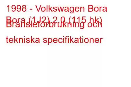 1998 - Volkswagen Bora
Bora (1J2) 2.0 (115 hk) Bränsleförbrukning och tekniska specifikationer