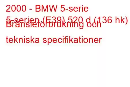 2000 - BMW 5-serie
5-serien (E39) 520 d (136 hk) Bränsleförbrukning och tekniska specifikationer