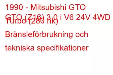 1990 - Mitsubishi GTO
GTO (Z16) 3.0 i V6 24V 4WD Turbo (280 hk) Bränsleförbrukning och tekniska specifikationer