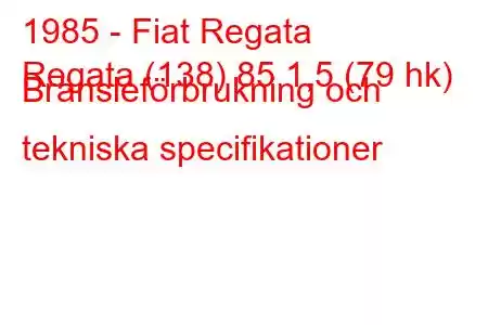 1985 - Fiat Regata
Regata (138) 85 1,5 (79 hk) Bränsleförbrukning och tekniska specifikationer