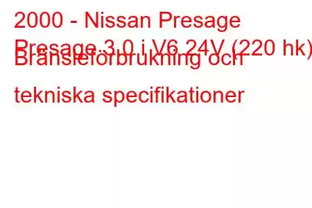 2000 - Nissan Presage
Presage 3.0 i V6 24V (220 hk) Bränsleförbrukning och tekniska specifikationer