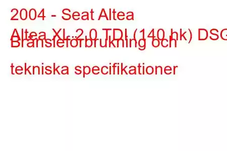 2004 - Seat Altea
Altea XL 2.0 TDI (140 hk) DSG Bränsleförbrukning och tekniska specifikationer