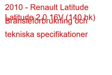 2010 - Renault Latitude
Latitude 2.0 16V (140 hk) Bränsleförbrukning och tekniska specifikationer