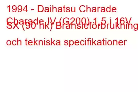 1994 - Daihatsu Charade
Charade IV (G200) 1,5 i 16V SX (90 hk) Bränsleförbrukning och tekniska specifikationer