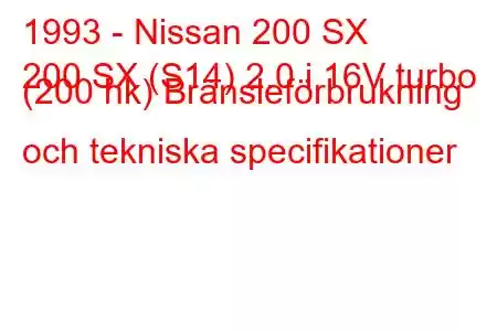 1993 - Nissan 200 SX
200 SX (S14) 2.0 i 16V turbo (200 hk) Bränsleförbrukning och tekniska specifikationer