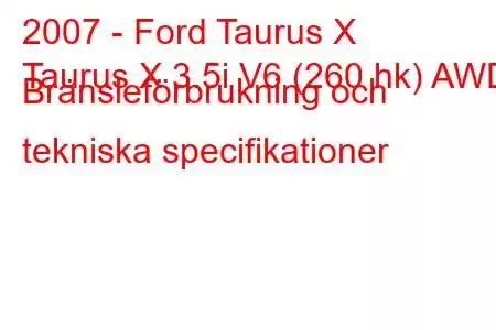 2007 - Ford Taurus X
Taurus X 3.5i V6 (260 hk) AWD Bränsleförbrukning och tekniska specifikationer