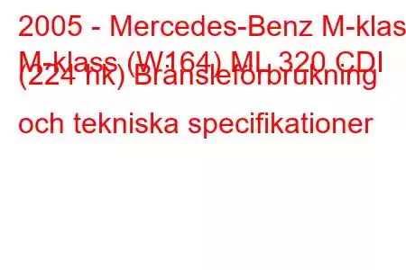 2005 - Mercedes-Benz M-klass
M-klass (W164) ML 320 CDI (224 hk) Bränsleförbrukning och tekniska specifikationer