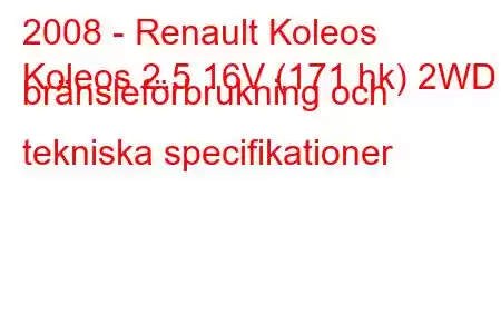 2008 - Renault Koleos
Koleos 2.5 16V (171 hk) 2WD bränsleförbrukning och tekniska specifikationer