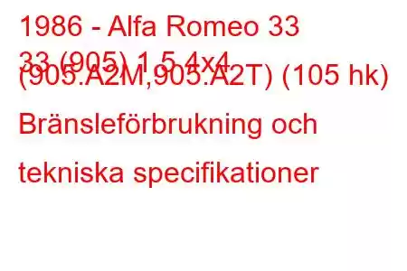 1986 - Alfa Romeo 33
33 (905) 1,5 4x4 (905.A2M,905.A2T) (105 hk) Bränsleförbrukning och tekniska specifikationer