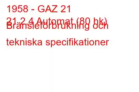 1958 - GAZ 21
21 2.4 Automat (80 hk) Bränsleförbrukning och tekniska specifikationer