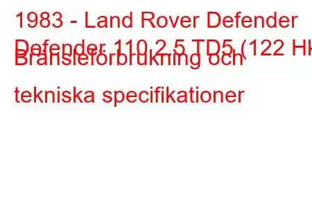 1983 - Land Rover Defender
Defender 110 2.5 TD5 (122 Hk) Bränsleförbrukning och tekniska specifikationer