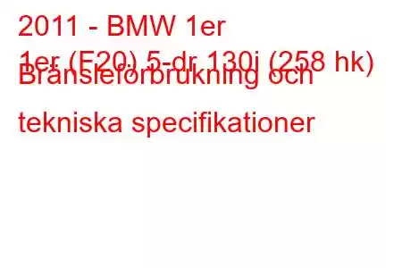 2011 - BMW 1er
1er (F20) 5-dr 130i (258 hk) Bränsleförbrukning och tekniska specifikationer